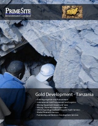 › Gold Aggregation and Procurement
› International Gold Procurement and Logistics
›
›
Mining Equipment Import and Sales
Mining Chemicals Import and Sales
OECD Due Diligence Reporting and Audit Services
Market Research Services
Partnership and Business Development Services
›
›
›
Gold Development - Tanzania
rimerimerimePPP SSSInvestment Limited
itEitEitE
 
