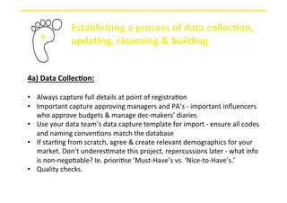 4	
  
Establishing	
  a	
  process	
  of	
  data	
  collec,on,	
  
upda,ng,	
  cleansing	
  &	
  building	
  
4a)	
  Data	
  Collec,on:	
  
	
  
•  Always	
  capture	
  full	
  details	
  at	
  point	
  of	
  registra4on	
  
•  Important	
  capture	
  approving	
  managers	
  and	
  PA’s	
  -­‐	
  important	
  inﬂuencers	
  
who	
  approve	
  budgets	
  &	
  manage	
  dec-­‐makers’	
  diaries	
  
•  Use	
  your	
  data	
  team’s	
  data	
  capture	
  template	
  for	
  import	
  -­‐	
  ensure	
  all	
  codes	
  
and	
  naming	
  conven4ons	
  match	
  the	
  database	
  
•  If	
  star4ng	
  from	
  scratch,	
  agree	
  &	
  create	
  relevant	
  demographics	
  for	
  your	
  
market.	
  Don’t	
  underes4mate	
  this	
  project,	
  repercussions	
  later	
  -­‐	
  what	
  info	
  
is	
  non-­‐nego4able?	
  Ie.	
  priori4se	
  ‘Must-­‐Have’s	
  vs.	
  ‘Nice-­‐to-­‐Have’s.’	
  	
  
•  Quality	
  checks.	
  
	
  
	
  
 