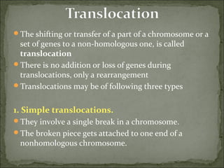 The shifting or transfer of a part of a chromosome or a
set of genes to a non-homologous one, is called
translocation
There is no addition or loss of genes during
translocations, only a rearrangement
Translocations may be of following three types
1. Simple translocations.
They involve a single break in a chromosome.
The broken piece gets attached to one end of a
nonhomologous chromosome.
 