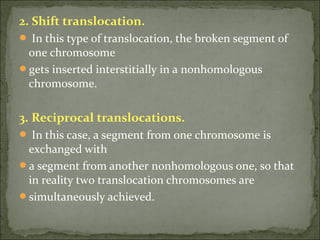 2. Shift translocation.
 In this type of translocation, the broken segment of
one chromosome
gets inserted interstitially in a nonhomologous
chromosome.
3. Reciprocal translocations.
 In this case, a segment from one chromosome is
exchanged with
a segment from another nonhomologous one, so that
in reality two translocation chromosomes are
simultaneously achieved.
 