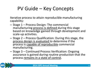 2014 ISPE Annual Meeting
PV Guide – Key Concepts
Iterative process to attain reproducible manufacturing
capability:
– Stage 1 – Process Design: The commercial
manufacturing process is defined during this stage
based on knowledge gained through development and
scale-up activities.
– Stage 2 – Process Qualification: During this stage, the
process design is evaluated to determine if the
process is capable of reproducible commercial
manufacturing.
– Stage 3 – Continued Process Verification: Ongoing
assurance is gained during routine production that the
process remains in a state of control.
14
 