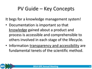 2014 ISPE Annual Meeting
PV Guide – Key Concepts
It begs for a knowledge management system!
• Documentation is important so that
knowledge gained about a product and
process is accessible and comprehensible to
others involved in each stage of the lifecycle.
• Information transparency and accessibility are
fundamental tenets of the scientific method.
18
 