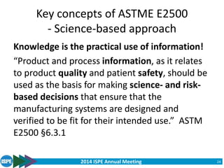2014 ISPE Annual Meeting
Key concepts of ASTME E2500
- Science-based approach
Knowledge is the practical use of information!
“Product and process information, as it relates
to product quality and patient safety, should be
used as the basis for making science- and risk-
based decisions that ensure that the
manufacturing systems are designed and
verified to be fit for their intended use.” ASTM
E2500 §6.3.1
24
 