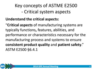 2014 ISPE Annual Meeting
Key concepts of ASTME E2500
- Critical system aspects
Understand the critical aspects:
“Critical aspects of manufacturing systems are
typically functions, features, abilities, and
performance or characteristics necessary for the
manufacturing process and systems to ensure
consistent product quality and patient safety.”
ASTM E2500 §6.4.1
26
 