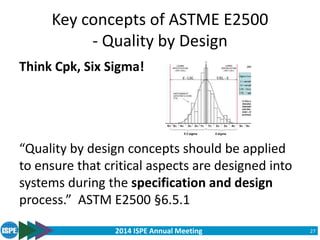 2014 ISPE Annual Meeting
Key concepts of ASTME E2500
- Quality by Design
Think Cpk, Six Sigma!
“Quality by design concepts should be applied
to ensure that critical aspects are designed into
systems during the specification and design
process.” ASTM E2500 §6.5.1
27
 