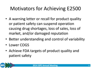 2014 ISPE Annual Meeting
Motivators for Achieving E2500
• A warning letter or recall for product quality
or patient safety can suspend operation
causing drug shortages, loss of sales, loss of
market, and/or damaged reputation
• Better understanding and control of variability
• Lower COGS
• Achieve FDA targets of product quality and
patient safety
32
 