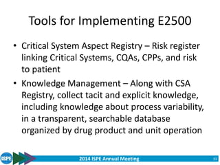 2014 ISPE Annual Meeting
Tools for Implementing E2500
• Critical System Aspect Registry – Risk register
linking Critical Systems, CQAs, CPPs, and risk
to patient
• Knowledge Management – Along with CSA
Registry, collect tacit and explicit knowledge,
including knowledge about process variability,
in a transparent, searchable database
organized by drug product and unit operation
33
 