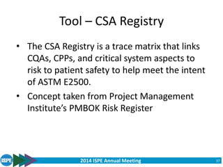 2014 ISPE Annual Meeting
Tool – CSA Registry
• The CSA Registry is a trace matrix that links
CQAs, CPPs, and critical system aspects to
risk to patient safety to help meet the intent
of ASTM E2500.
• Concept taken from Project Management
Institute’s PMBOK Risk Register
37
 