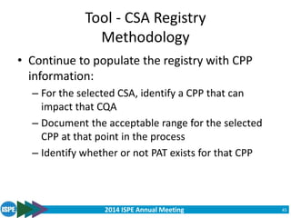 2014 ISPE Annual Meeting
Tool - CSA Registry
Methodology
• Continue to populate the registry with CPP
information:
– For the selected CSA, identify a CPP that can
impact that CQA
– Document the acceptable range for the selected
CPP at that point in the process
– Identify whether or not PAT exists for that CPP
45
 