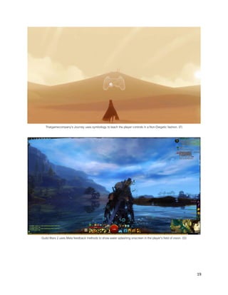19
Thatgamecompany’s Journey uses symbology to teach the player controls in a Non-Diegetic fashion. (F)
Guild Wars 2 uses Meta feedback methods to show water splashing onscreen in the player’s field of vision. (G)
 