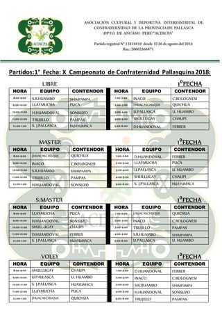 Partidos:1° Fecha: X Campeonato de Confraternidad Pallasquina2018:
LIBRE 1⁰FECHA
HORA EQUIPO CONTENDOR HORA EQUIPO CONTENDOR
8:00-9:00 S.R.HUAMBO SHIMPAMPA 1:00-2:00 INACO C.BOLOGNESI
9:00-10:00 LLAYMUCHA PUCA 2:00-3:00 J.HUACASCHUQUE QUICHUA
10:00-11:00 H.HUANDOVAL SONSUZO 3:00-4:00 U.PALLASCA U. HUAMBO
11:00-12:00 TRUJILLO PAMPAS 4:00-5:00 SHULLUGAY CHAUPI
12:00-1:00 S. J.PALLASCA HUAYUMACA 5:00-6:00 D.HUANDOVAL FERRER
MASTER 1⁰FECHA
HORA EQUIPO CONTENDOR HORA EQUIPO CONTENDOR
8:00-9:00 J.HUACASCHUQUE QUICHUA 1:00-2:00 D.HUANDOVAL FERRER
9:00-10:00 INACO C.BOLOGNESI 2:00-3:00 LLAYMUCHA PUCA
10:00-11:00 S.R.HUAMBO SHIMPAMPA 3:00-4:00 U.PALLASCA U. HUAMBO
11:00-12:00 TRUJILLO PAMPAS 4:00-5:00 SHULLUGAY CHAUPI
12:00-1:00 H.HUANDOVAL SONSUZO 5:00-6:00 S. J.PALLASCA HUAYUMACA
S/MASTER 1⁰FECHA
HORA EQUIPO CONTENDOR HORA EQUIPO CONTENDOR
8:00-9:00 LLAYMUCHA PUCA 1:00-2:00 J.HUACASCHUQUE QUICHUA
9:00-10:00 H.HUANDOVAL SONSUZO 2:00-3:00 INACO C.BOLOGNESI
10:00-11:00 SHULLUGAY CHAUPI 3:00-4:00 TRUJILLO PAMPAS
11:00-12:00 D.HUANDOVAL FERRER 4:00-5:00 S.R.HUAMBO SHIMPAMPA
12:00-1:00 S. J.PALLASCA HUAYUMACA 5:00-6:00 U.PALLASCA U. HUAMBO
VOLEY 1⁰FECHA
HORA EQUIPO CONTENDOR HORA EQUIPO CONTENDOR
8:00-9:00 SHULLUGAY CHAUPI 1:00-2:00 D.HUANDOVAL FERRER
9:00-10:00 U.PALLASCA U. HUAMBO 2:00-3:00 INACO C.BOLOGNESI
10:00-11:00 S. J.PALLASCA HUAYUMACA 3:00-4:00 S.R.HUAMBO SHIMPAMPA
11:00-12:00 LLAYMUCHA PUCA 4:00-5:00 H.HUANDOVAL SONSUZO
12:00-1:00 J.HUACASCHUQUE QUICHUA 5:00-6:00 TRUJILLO PAMPAS
 