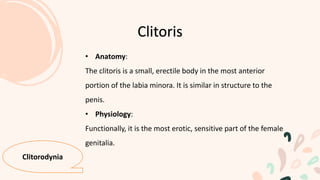 • Anatomy:
The clitoris is a small, erectile body in the most anterior
portion of the labia minora. It is similar in structure to the
penis.
• Physiology:
Functionally, it is the most erotic, sensitive part of the female
genitalia.
Clitoris
Clitorodynia
 
