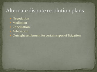  Negotiation
 Mediation
 Conciliation
 Arbitration
 Outright settlement for certain types of litigation
 
