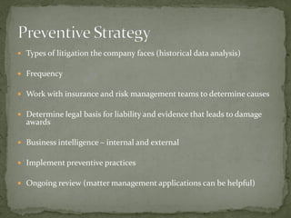  Types of litigation the company faces (historical data analysis)
 Frequency
 Work with insurance and risk management teams to determine causes
 Determine legal basis for liability and evidence that leads to damage
awards
 Business intelligence – internal and external
 Implement preventive practices
 Ongoing review (matter management applications can be helpful)
 