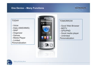 One Device – Many Functions
7
TODAY
- Voice
- Data (SMS/MMS)
- WAP
- Organizer
- Games
- Media Player
- Limited
Personalization
TOMORROW
- Good Web Browser
- MDTV
- GPS/PND
- Good media player
- Unlimited
Personalization
 