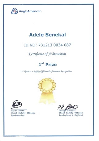 A. Senekal Certificate of achievement