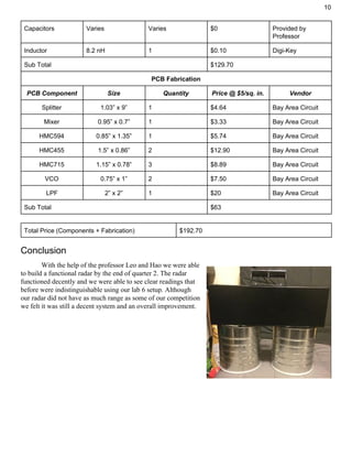 10
Capacitors Varies Varies $0 Provided by
Professor
Inductor 8.2 nH 1 $0.10 Digi-Key
Sub Total $129.70
PCB Fabrication
PCB Component Size Quantity Price @ $5/sq. in. Vendor
Splitter 1.03” x 9” 1 $4.64 Bay Area Circuit
Mixer 0.95” x 0.7” 1 $3.33 Bay Area Circuit
HMC594 0.85” x 1.35” 1 $5.74 Bay Area Circuit
HMC455 1.5” x 0.86” 2 $12.90 Bay Area Circuit
HMC715 1.15” x 0.78” 3 $8.89 Bay Area Circuit
VCO 0.75” x 1” 2 $7.50 Bay Area Circuit
LPF 2” x 2” 1 $20 Bay Area Circuit
Sub Total $63
Total Price (Components + Fabrication) $192.70
Conclusion
With the help of the professor Leo and Hao we were able
to build a functional radar by the end of quarter 2. The radar
functioned decently and we were able to see clear readings that
before were indistinguishable using our lab 6 setup. Although
our radar did not have as much range as some of our competition
we felt it was still a decent system and an overall improvement.
 