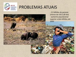 PROBLEMAS ATUAIS
             - 2,5 bilhões de pessoas
             (menos de US$ 2,00 dia)
             - aumento populacional
             superior a dois bilhões até
             2050
 