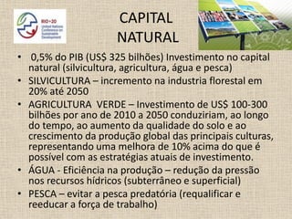 CAPITAL
                      NATURAL
• 0,5% do PIB (US$ 325 bilhões) Investimento no capital
  natural (silvicultura, agricultura, água e pesca)
• SILVICULTURA – incremento na industria florestal em
  20% até 2050
• AGRICULTURA VERDE – Investimento de US$ 100-300
  bilhões por ano de 2010 a 2050 conduziriam, ao longo
  do tempo, ao aumento da qualidade do solo e ao
  crescimento da produção global das principais culturas,
  representando uma melhora de 10% acima do que é
  possível com as estratégias atuais de investimento.
• ÁGUA - Eficiência na produção – redução da pressão
  nos recursos hídricos (subterrâneo e superficial)
• PESCA – evitar a pesca predatória (requalificar e
  reeducar a força de trabalho)
 