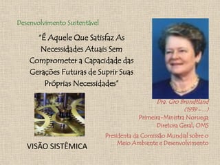 Desenvolvimento Sustentável

      “É Aquele Que Satisfaz As
       Necessidades Atuais Sem
    Comprometer a Capacidade das
    Gerações Futuras de Suprir Suas
        Próprias Necessidades”

                                                Dra. Gro Brundtland
                                                          (1939 - ...)
                                          Primeira-Ministra Noruega
                                                 Diretora Geral, OMS
                              Presidenta da Comissão Mundial sobre o
                                   Meio Ambiente e Desenvolvimento
   VISÃO SISTÊMICA
 