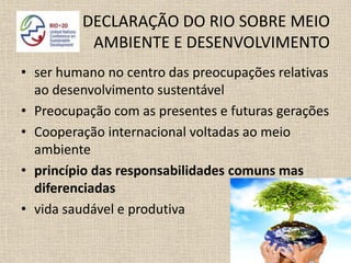 DECLARAÇÃO DO RIO SOBRE MEIO
          AMBIENTE E DESENVOLVIMENTO
• ser humano no centro das preocupações relativas
  ao desenvolvimento sustentável
• Preocupação com as presentes e futuras gerações
• Cooperação internacional voltadas ao meio
  ambiente
• princípio das responsabilidades comuns mas
  diferenciadas
• vida saudável e produtiva
 
