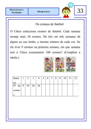 MATEMÁTICA
 FICHEIRO                 PROBLEMAS                               33

                         Os cromos de futebol

O Chico colecciona cromos de futebol. Cada semana
arranja mais 10 cromos. De três em três semanas dá
alguns ao seu irmão, o mesmo número de cada vez. Se
ele tiver 9 cromos na primeira semana, em que semana
terá o Chico exactamente 100 cromos? (Complete a
tabela.)




  Sema     1   2    3     4    5   6   7   8   9   10   11   12
  na
  Nº de 9      19   26    36
  cromo
  s
 