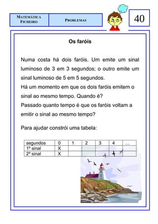 MATEMÁTICA
 FICHEIRO           PROBLEMAS                    40

                     Os faróis


 Numa costa há dois faróis. Um emite um sinal
 luminoso de 3 em 3 segundos; o outro emite um
 sinal luminoso de 5 em 5 segundos.
 Há um momento em que os dois faróis emitem o
 sinal ao mesmo tempo. Quando é?
 Passado quanto tempo é que os faróis voltam a
 emitir o sinal ao mesmo tempo?

 Para ajudar constrói uma tabela:

   segundos     0     1     2       3   4   …
   1º sinal     X
   2º sinal     X
 