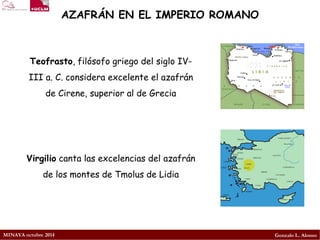 MINAYA octubre 2014 
Gonzalo L. Alonso 
AZAFRÁN EN EL IMPERIO ROMANO 
Teofrasto, filósofo griego del siglo IV- III a. C. considera excelente el azafrán de Cirene, superior al de Grecia 
Virgiliocanta las excelencias del azafrán de los montes de Tmolus de Lidia  