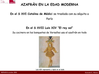 MINAYA octubre 2014 
Gonzalo L. Alonso 
AZAFRÁN EN LA EDAD MODERNA 
En el S XVI Catalina de Médici se traslada con su séquito a París 
En el S XVII Luis XIV “El rey sol” 
Su cocinero en los banquetes de Versalles usa el azafrán en todo 
Luis XIV representa aApoloen un baile  