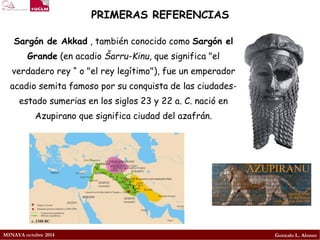 MINAYA octubre 2014 
Gonzalo L. Alonso 
PRIMERAS REFERENCIAS 
Sargón de Akkad, también conocido comoSargón el Grande(en acadioŠarru-Kinu, que significa "el verdaderorey“ o "el rey legítimo"), fue un emperador acadio semita famoso por suconquistade las ciudades- estado sumeriasen los siglos 23 y 22 a. C. nació en Azupirano que significa ciudad del azafrán.  