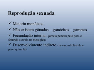 Reprodução sexuada
 Maioria monóicos
 Não existem gônadas – gonócitos – gametas
 Fecundação interna: gameta penetra pelo poro e
fecunda o óvulo na mesogléia

 Desenvolvimento indireto (larvas anfiblástula e
parenquímula)

 