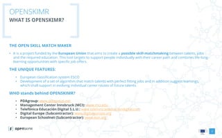 www.openskimr.euwww.openskimr.eu
OPENSKIMR
WHAT IS OPENSKIMR?
THE OPEN SKILL MATCH MAKER
• It is a project funded by the European Union that aims to create a possible skill-matchmaking between talents, jobs
and the required education. This tool targets to support people individually with their career path and combines life-long-
learning opportunities with specific job offers.
THE UNIQUE FEATURES:
• European classification system ESCO
• Development of a set of algorithm that match talents with perfect fitting jobs and in addition suggest learnings,
which shall support in evolving individual career routes of future talents.
WHO stands behind OPENSKIMR?
• PDAgroup: www.pdagroup.net
• Management Center Innsbruck (MCI): www.mci.edu
• Telefónica Educación Digital S.L.U.: www.telefonicaeducaciondigital.com
• Digital Europe (Subcontractor): www.digitaleurope.org
• European Schoolnet (Subcontractor): www.eun.org
3
 