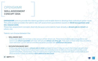 www.openskimr.euwww.openskimr.eu
OPENSKIMR
SKILL-ASSESSMENT
CONCEPT IDEA
9
OPENSKIMR aims to provide the talents guidance and enable them to develop their individual career route.
This pilot project provides the talents two self-assessment possibilities based on ESCO occupations and
the related skills.
These two assessment concepts diversify because some talents have already a dream job in mind but
others not.
Talents can choose between the:
• SKILL-BASED WAY:
In this case talents do not have a clear picture of their dream job. These kind of talents demand guidance and
want to see what is possible with their skill set and where can they get. They want to know what they are able to
reach with their current skill set and what would be possible with additional education.
• OCCUPATION-BASED WAY:
In this case talents do have a dream job in mind and want to look, if they can reach their dream job with their
current skill set. These kind of talents want to be informed what kind of skills are missing and how they could
upskill themselves. Furthermore, they are looking for insights what they could do with their current skill set and
what would be further possibilities with additional education.
 
