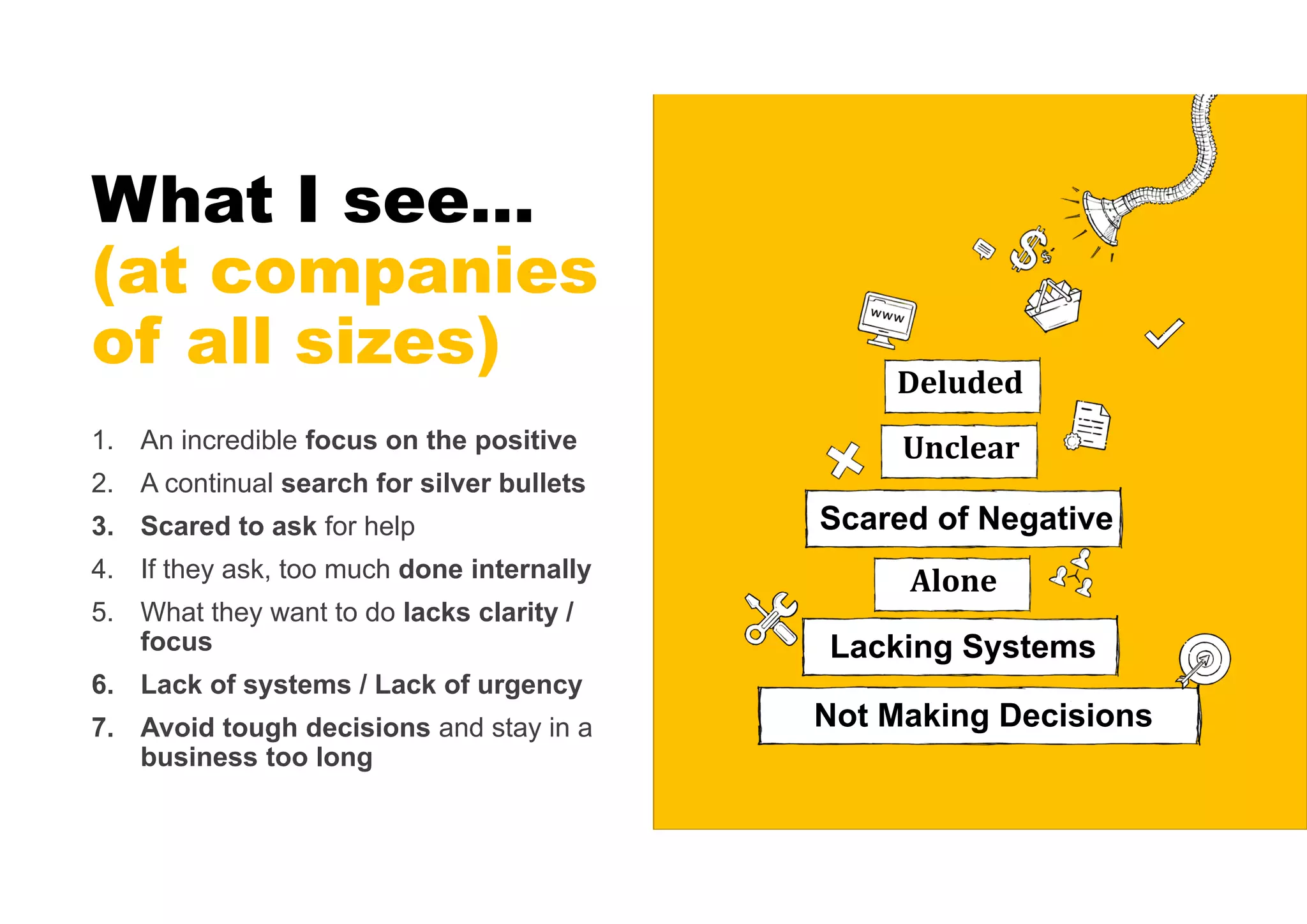 What I see…
(at companies
of all sizes)
1. An incredible focus on the positive
2. A continual search for silver bullets
3. Scared to ask for help
4. If they ask, too much done internally
5. What they want to do lacks clarity /
focus
6. Lack of systems / Lack of urgency
7. Avoid tough decisions and stay in a
business too long
Deluded
Lacking Systems
Scared of Negative
Alone
Unclear
Not Making Decisions
 