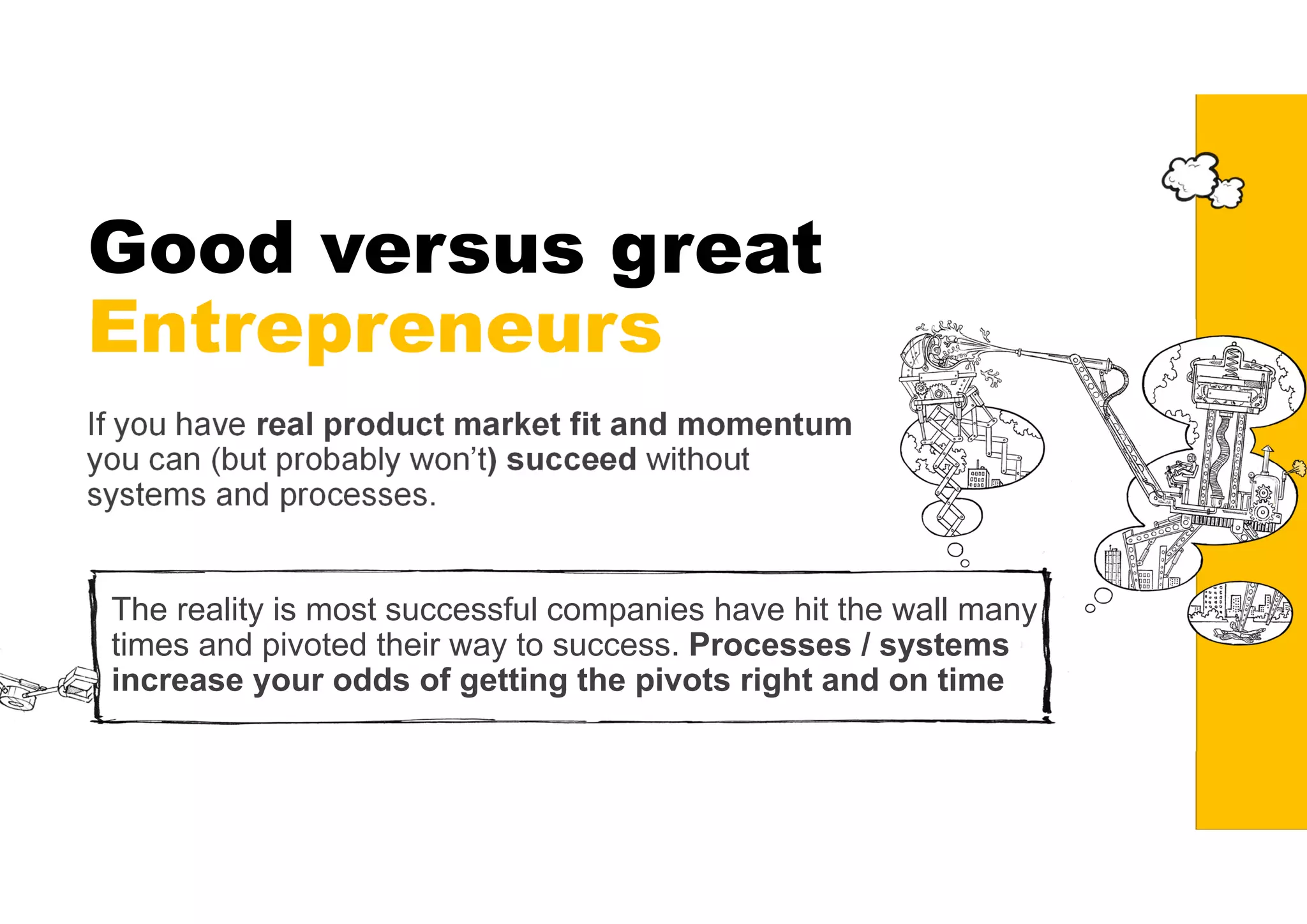 Good versus great
Entrepreneurs
If you have real product market fit and momentum
you can (but probably won’t) succeed without
systems and processes.
The reality is most successful companies have hit the wall many
times and pivoted their way to success. Processes / systems
increase your odds of getting the pivots right and on time
 