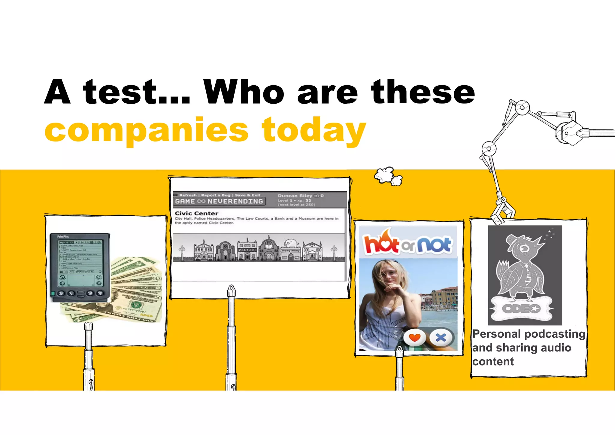 A test… Who are these
companies today?
Personal podcasting
and sharing audio
content
 