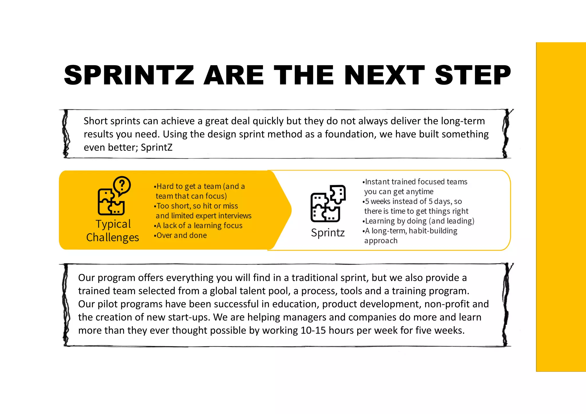 SPRINTZ ARE THE NEXT STEP
Short sprints can achieve a great deal quickly but they do not always deliver the long‐term 
results you need. Using the design sprint method as a foundation, we have built something 
even better; SprintZ
Our program offers everything you will find in a traditional sprint, but we also provide a 
trained team selected from a global talent pool, a process, tools and a training program.
Our pilot programs have been successful in education, product development, non‐profit and 
the creation of new start‐ups. We are helping managers and companies do more and learn 
more than they ever thought possible by working 10‐15 hours per week for five weeks.
 