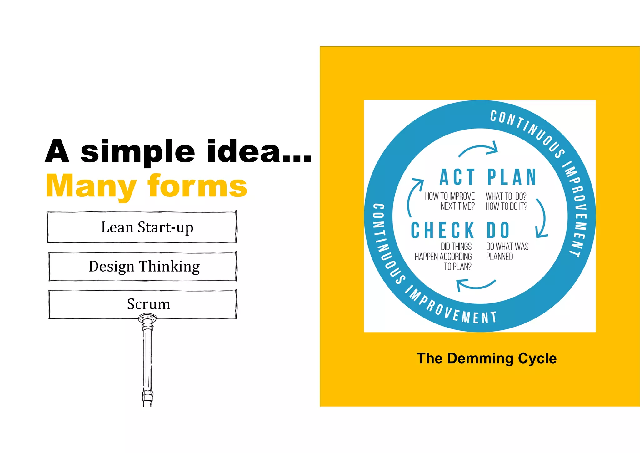 A simple idea…
Many forms
Design Thinking
Lean Start-up
Scrum
The Demming Cycle
 