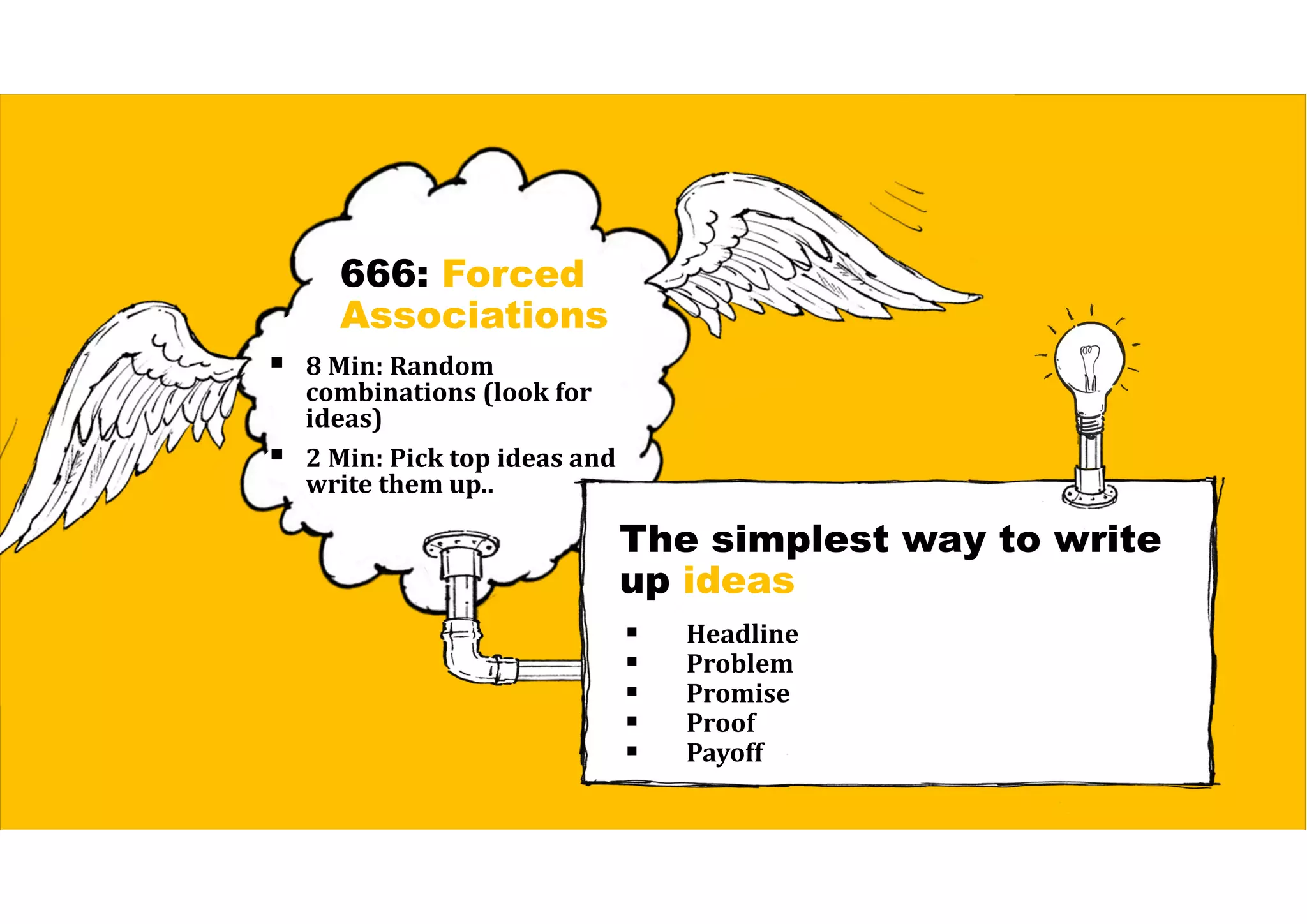 666: Forced
Associations
 8	Min:	Random	
combinations	(look	for	
ideas)
 2	Min:	Pick	top	ideas	and	
write	them	up..
The simplest way to write
up ideas
 Headline
 Problem
 Promise
 Proof
 Payoff	
 