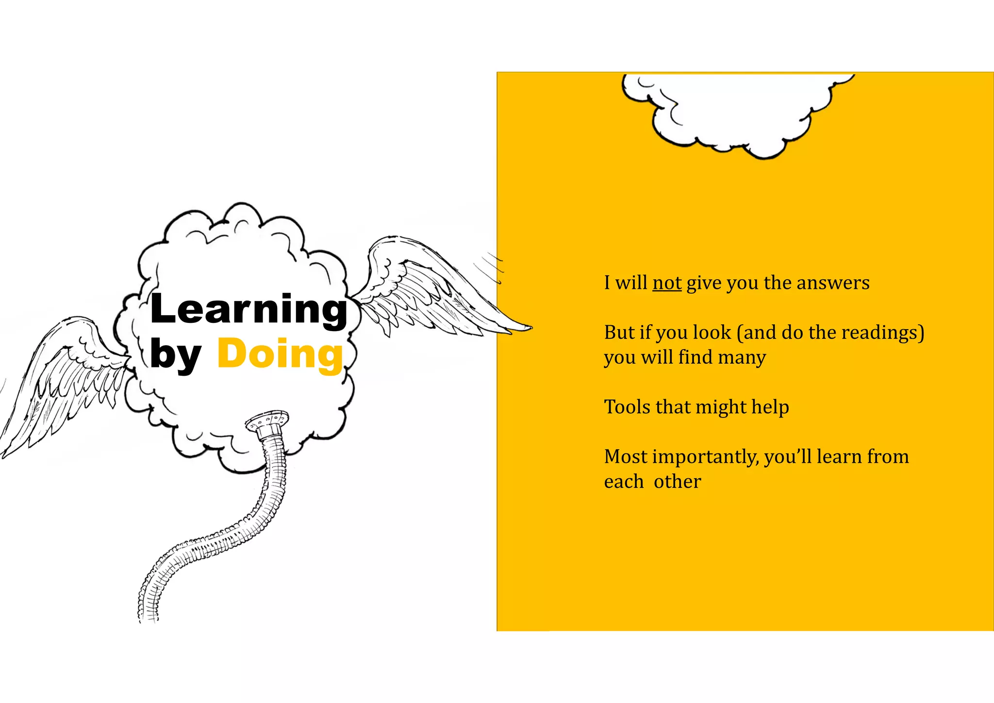 Learning
by Doing
I will not give you the answers
But if you look (and do the readings)
you will find many
Tools that might help
Most importantly, you’ll learn from
each other
 