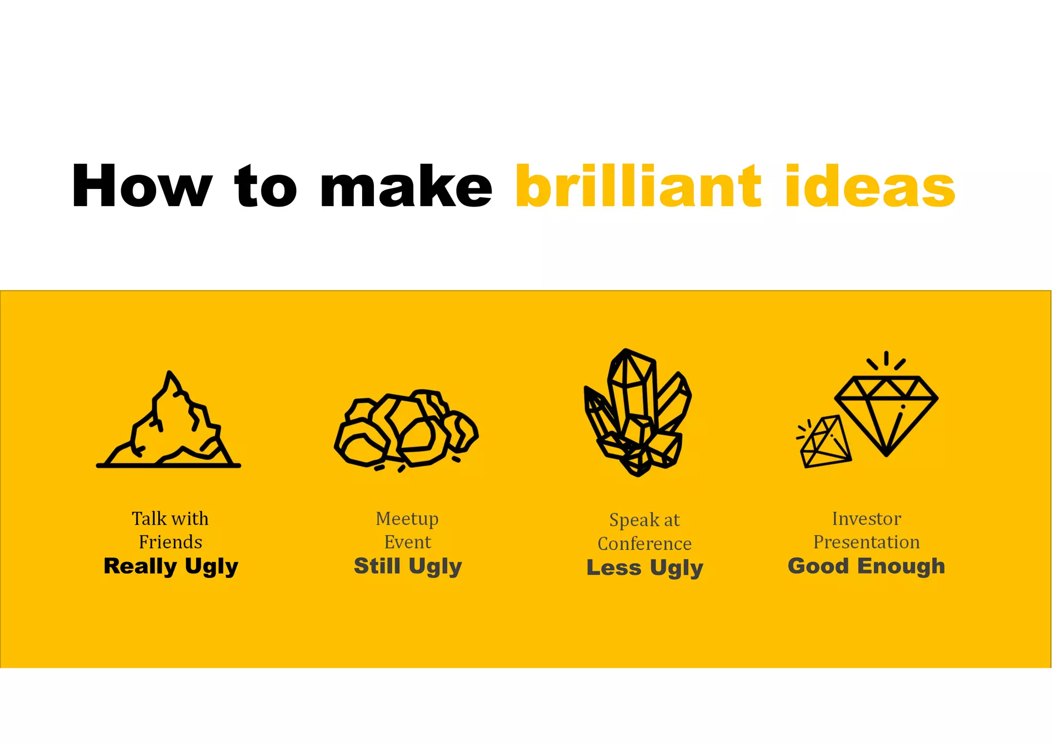 How to make brilliant ideas
Talk with
Friends
Really Ugly
Meetup
Event
Still Ugly
Speak at
Conference
Less Ugly
Investor
Presentation
Good Enough
 