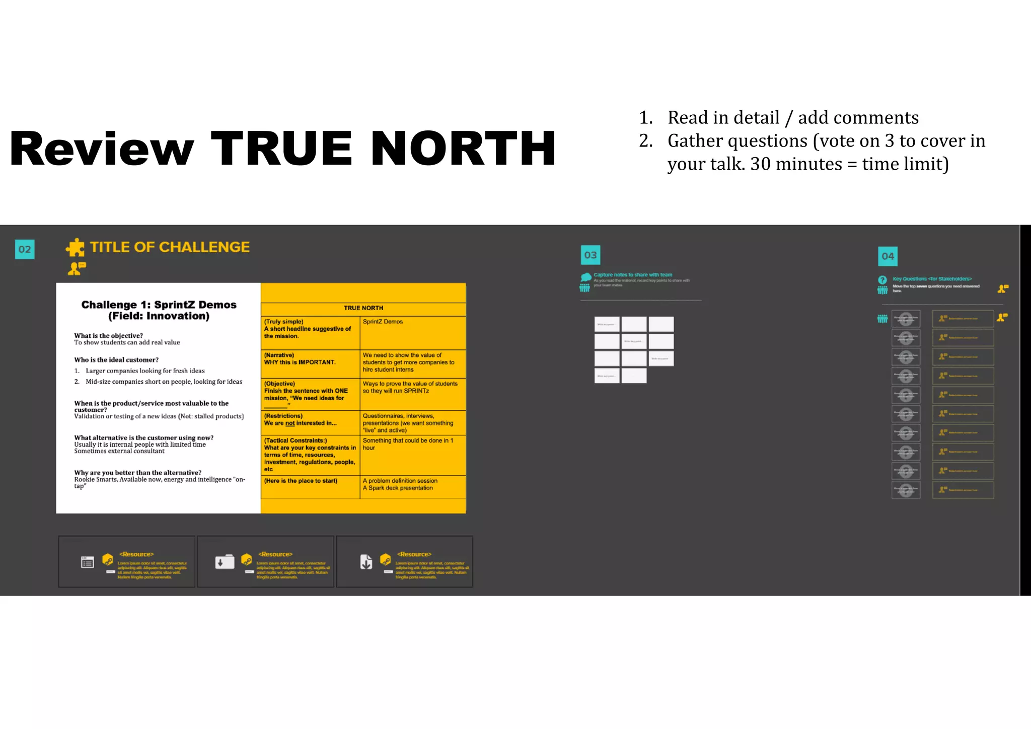 Review TRUE NORTH
1. Read in detail / add comments
2. Gather questions (vote on 3 to cover in
your talk. 30 minutes = time limit)
 