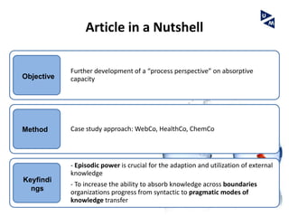 Article in a Nutshell

            Further development of a “process perspective” on absorptive
Objective   capacity




Method      Case study approach: WebCo, HealthCo, ChemCo




            - Episodic power is crucial for the adaption and utilization of external
            knowledge
Keyfindi
            - To increase the ability to absorb knowledge across boundaries
  ngs       organizations progress from syntactic to pragmatic modes of
            knowledge transfer
 