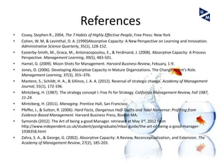References
•   Covey, Stephen R., 2004, The 7 Habits of Highly Effective People, Free Press: New York
•   Cohen, W. M, & Levinthal, D. A. (1990)Absorptive Capacity: A New Perspective on Learning and Innovation.
    Administrative Science Quarterly, 35(1), 128-152.
•   Easterby-Smith, M., Graca, M., Antonacopoulou, E., & Ferdinand, J. (2008). Absorptive Capacity: A Process
    Perspective. Management Learning, 39(5), 483-501.
•   Hamel, G. (2009). Moon Shots for Management. Harvard Business Review, Febuary, 1-9.
•   Jones, O. (2006). Developing Absorptive Capacity in Mature Organizations. The Change Agent’s Role.
    Management Learning, 37(3), 355–376.
•   Mantere, S., Schildt, H. A., & Sillince, J. A. A. (2012). Reversal of strategic change. Academy of Management
    Journal, 55(1), 172-196.
•   Mintzberg, H. (1987). The strategy concept I: Five Ps for Strategy. California Management Review, Fall 1987,
    11-24.
•   Mintzberg, H. (2011). Managing. Prentice Hall, San Francisco.
•   Pfeffer, J., & Sutton, R. (2006). Hard Facts, Dangerous Half-Truths and Total Nonsense: Profiting from
    Evidence-Based Management. Harvard Business Press, Boston MA.
•   Symonds (2012). The Art of being a good Manager. retrieved at May 3rd, 2012 from
    http://www.independent.co.uk/student/postgraduate/mbas-guide/the-art-of-being-a-good-manager-
    1938358.html
•   Zahra, S. A., & George, G. (2002). Absorptive Capacity: A Review, Reconceptualization, and Extension. The
    Academy of Management Review, 27(2), 185-203.
 