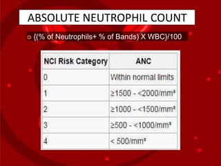 ABSOLUTE NEUTROPHIL COUNT
 {(% of Neutrophils+ % of Bands) X WBC}/100
 