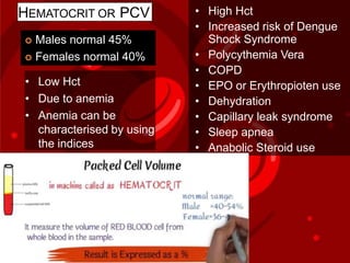 HEMATOCRIT OR PCV • High Hct
• Increased risk of Dengue
Shock Syndrome
• Polycythemia Vera
• COPD
• EPO or Erythropioten use
• Dehydration
• Capillary leak syndrome
• Sleep apnea
• Anabolic Steroid use
• Low Hct
• Due to anemia
• Anemia can be
characterised by using
the indices
 Males normal 45%
 Females normal 40%
 