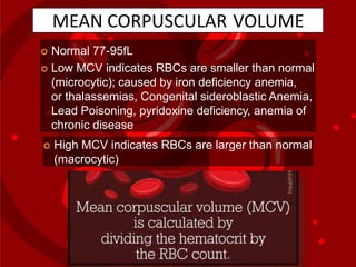 MEAN CORPUSCULAR VOLUME
 Normal 77-95fL
 Low MCV indicates RBCs are smaller than normal
(microcytic); caused by iron deficiency anemia,
or thalassemias, Congenital sideroblastic Anemia,
Lead Poisoning, pyridoxine deficiency, anemia of
chronic disease
 High MCV indicates RBCs are larger than normal
(macrocytic)
 