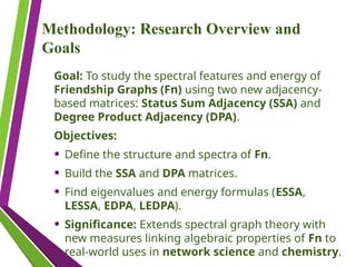 Methodology: Research Overview and
Goals
Goal: To study the spectral features and energy of
Friendship Graphs (Fn) using two new adjacency-
based matrices: Status Sum Adjacency (SSA) and
Degree Product Adjacency (DPA).
Objectives:
• Define the structure and spectra of Fn.
• Build the SSA and DPA matrices.
• Find eigenvalues and energy formulas (ESSA,
LESSA, EDPA, LEDPA).
• Significance: Extends spectral graph theory with
new measures linking algebraic properties of Fn to
real-world uses in network science and chemistry.
 