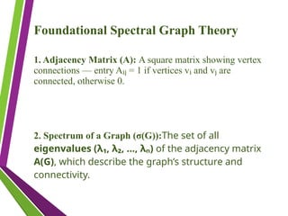 Foundational Spectral Graph Theory
1. Adjacency Matrix (A): A square matrix showing vertex
connections — entry A = 1 if vertices v and v are
ᵢⱼ ᵢ ⱼ
connected, otherwise 0.
2. Spectrum of a Graph (σ(G)):The set of all
eigenvalues (λ₁, λ₂, …, λₙ) of the adjacency matrix
A(G), which describe the graph’s structure and
connectivity.
 