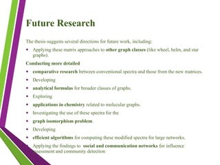 Future Research
The thesis suggests several directions for future work, including:
• Applying these matrix approaches to other graph classes (like wheel, helm, and star
graphs).
Conducting more detailed
• comparative research between conventional spectra and those from the new matrices.
• Developing
• analytical formulas for broader classes of graphs.
• Exploring
• applications in chemistry related to molecular graphs.
• Investigating the use of these spectra for the
• graph isomorphism problem.
• Developing
• efficient algorithms for computing these modified spectra for large networks.
• Applying the findings to social and communication networks for influence
assessment and community detection
 